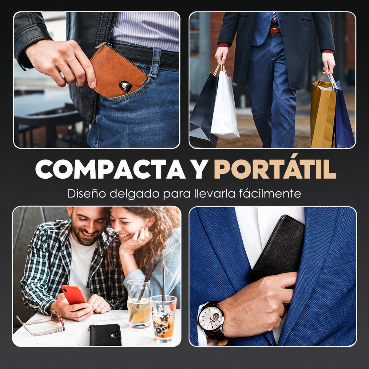 Cartera vintage compacta con cremallera para hombre