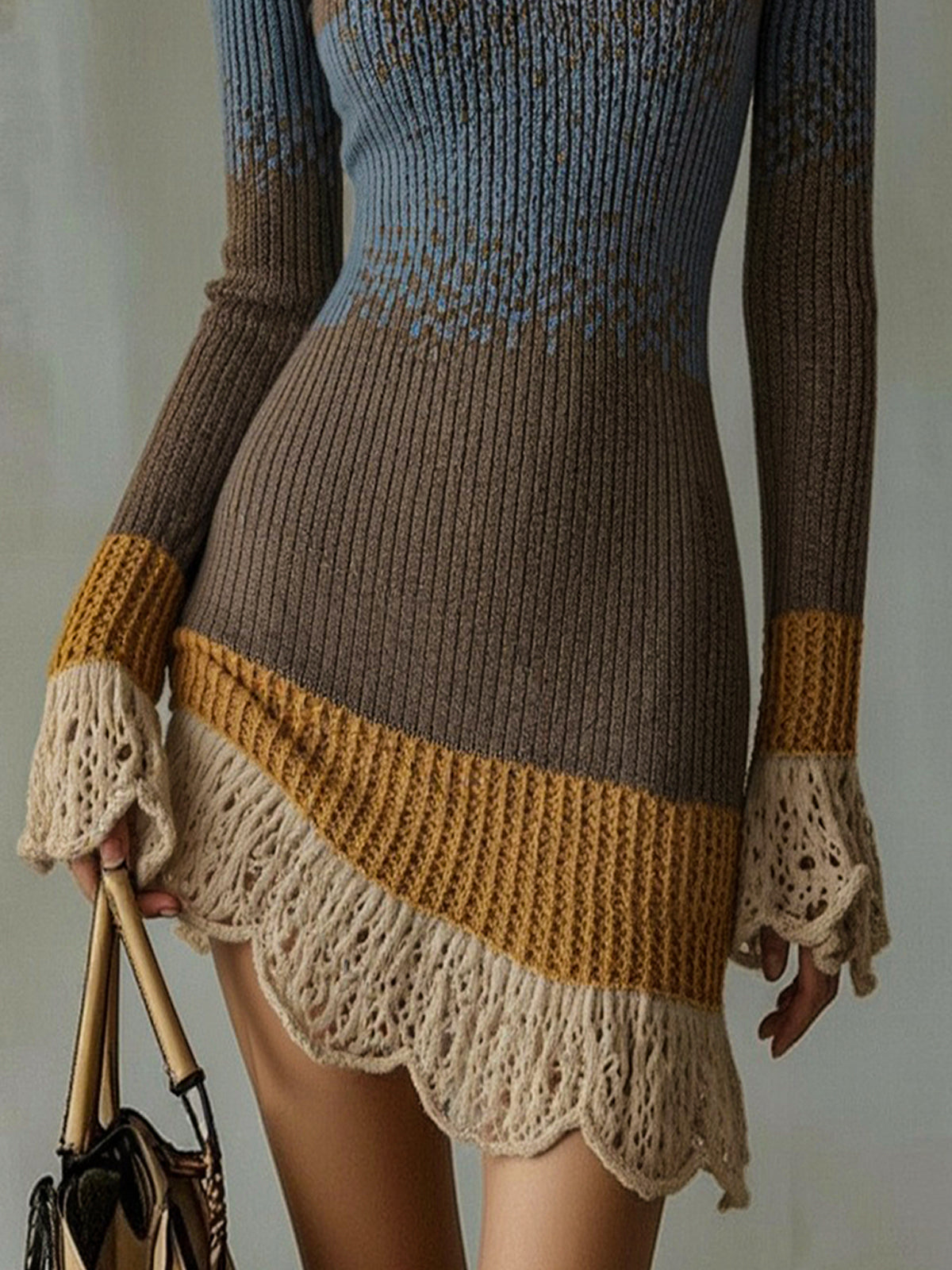 Minivestido de punto multicolor con ribete de volantes de encaje