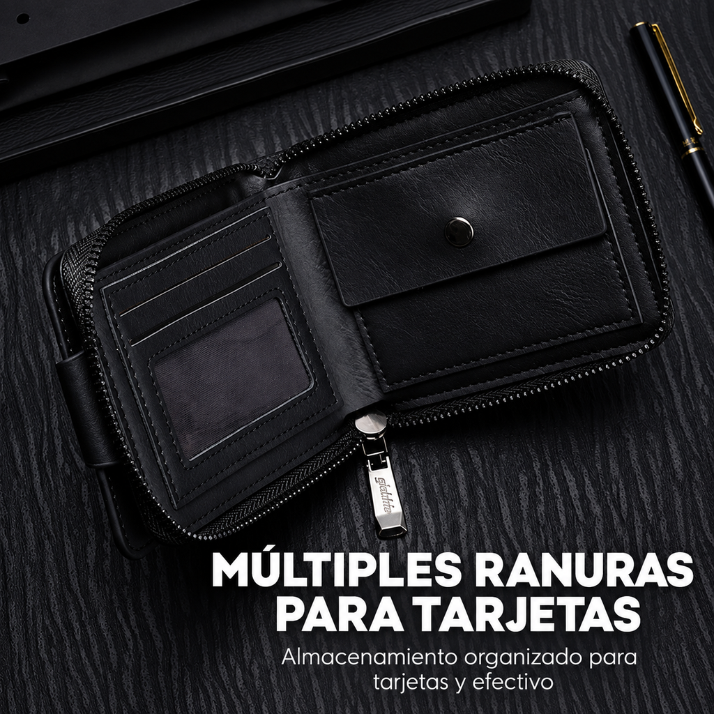 Cartera vintage compacta con cremallera para hombre