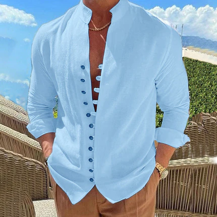 Camisa de lino con cuello mao para hombre