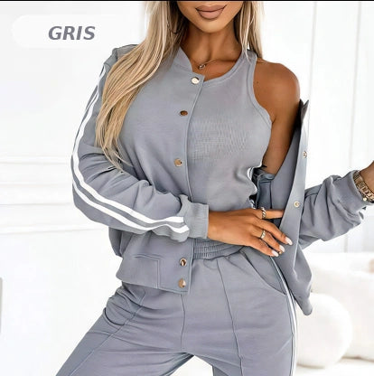 Conjunto 3 Piezas Deportivo Casual: Bomber con Botones, Top y Pantalón Jogger
