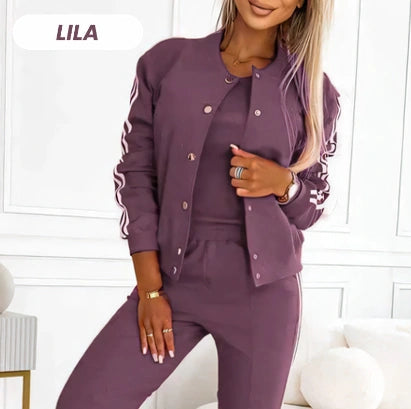 Conjunto 3 Piezas Deportivo Casual: Bomber con Botones, Top y Pantalón Jogger