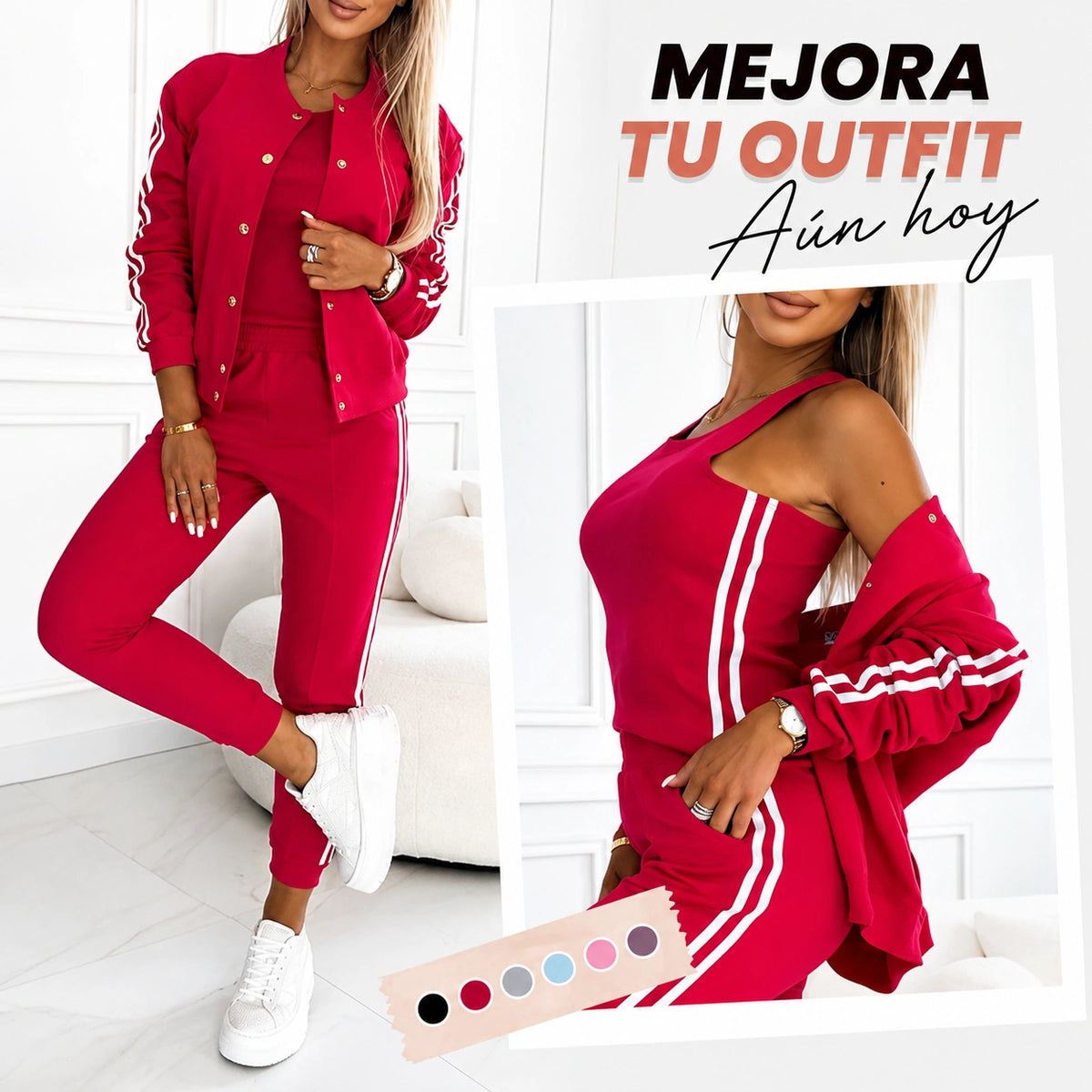 Conjunto 3 Piezas Deportivo Casual: Bomber con Botones, Top y Pantalón Jogger