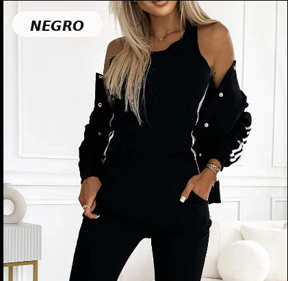 Conjunto 3 Piezas Deportivo Casual: Bomber con Botones, Top y Pantalón Jogger