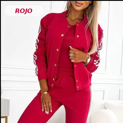 Conjunto 3 Piezas Deportivo Casual: Bomber con Botones, Top y Pantalón Jogger