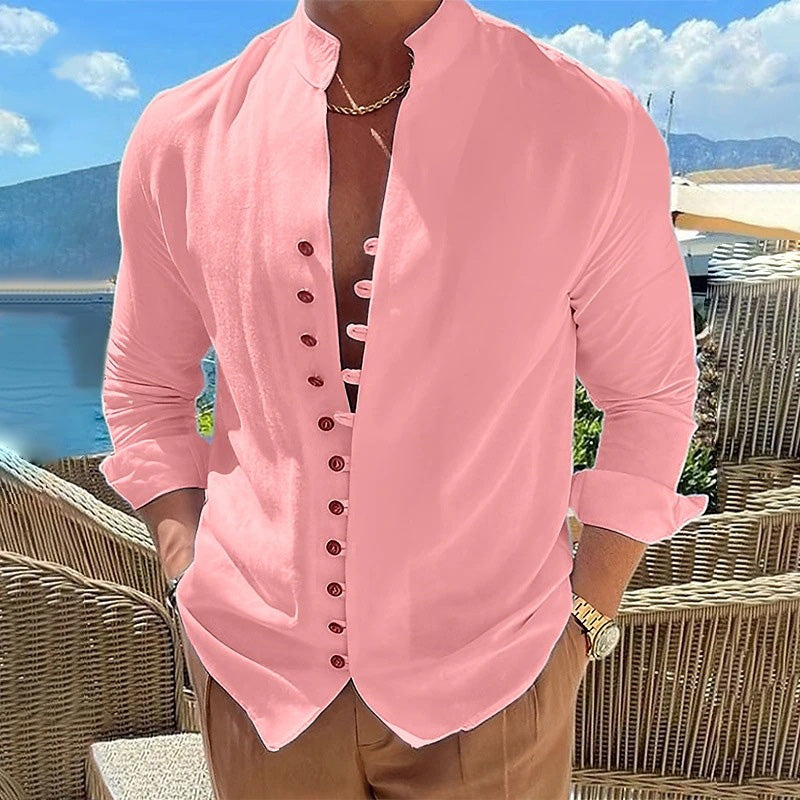 Camisa de lino con cuello mao para hombre