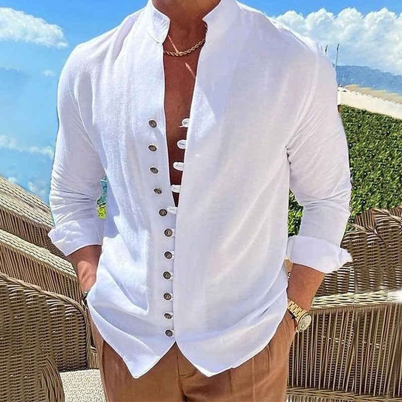 Camisa de lino con cuello mao para hombre
