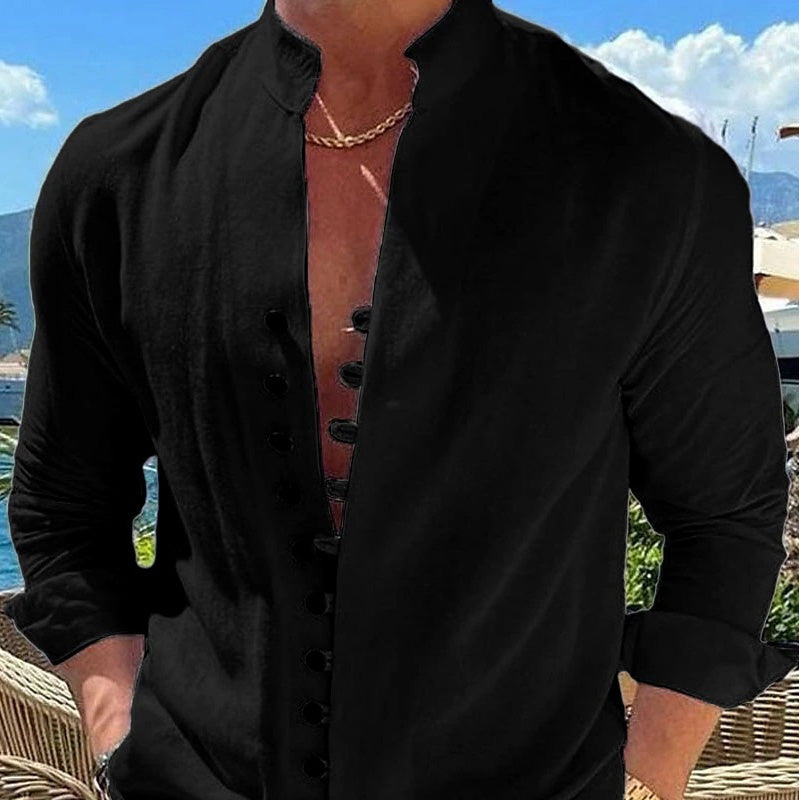 Camisa de lino con cuello mao para hombre