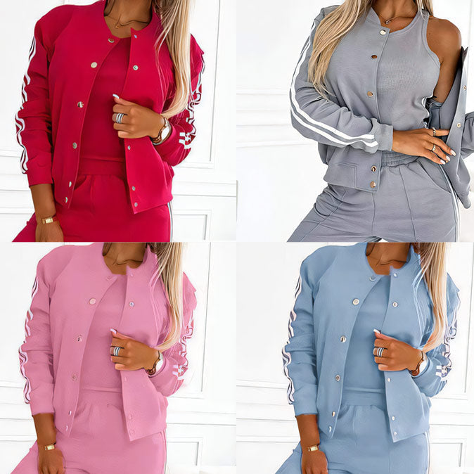 Conjunto 3 Piezas Deportivo Casual: Bomber con Botones, Top y Pantalón Jogger